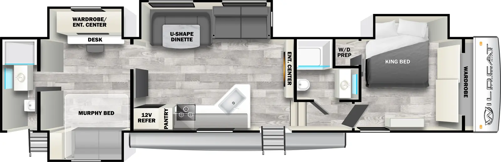The 41DS has four slideouts and two entries. Interior layout front to back: wardrobe, off-door side king bed slideout, and closet with washer/dryer prep; off-door side full bathroom; steps down to entry and main living area; entertainment center along inner wall; off-door side slideout with seating and dinette; door side kitchen counter with sink, cooktop, pantry, and 12V refrigerator; rear off-door side slideout with desk, and wardrobe/entertainment center, door side murphy bed sofa, and rear full bathroom with second entry.